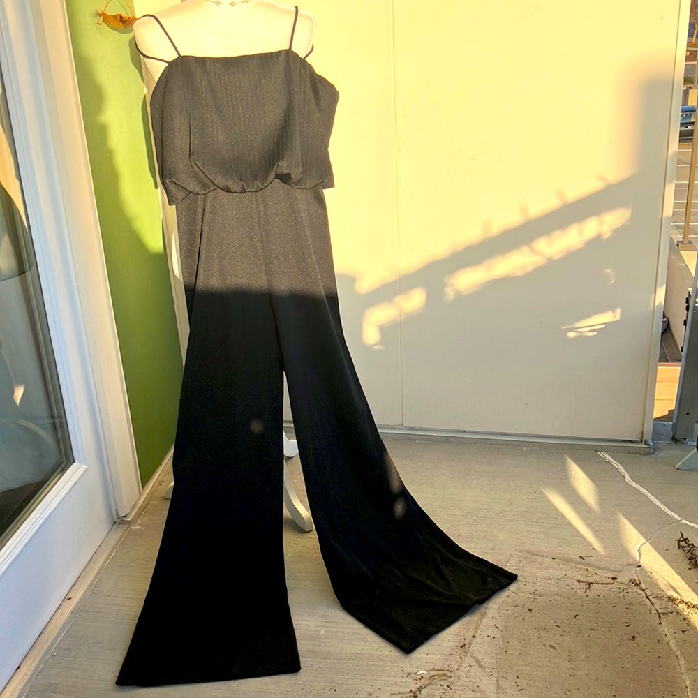 Vintage 70s Pleated Top Black Polyester Jumpsuit